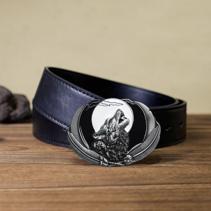 Herren DIY Heulender Wolf Mond Oval Schnalle Ledergürtel