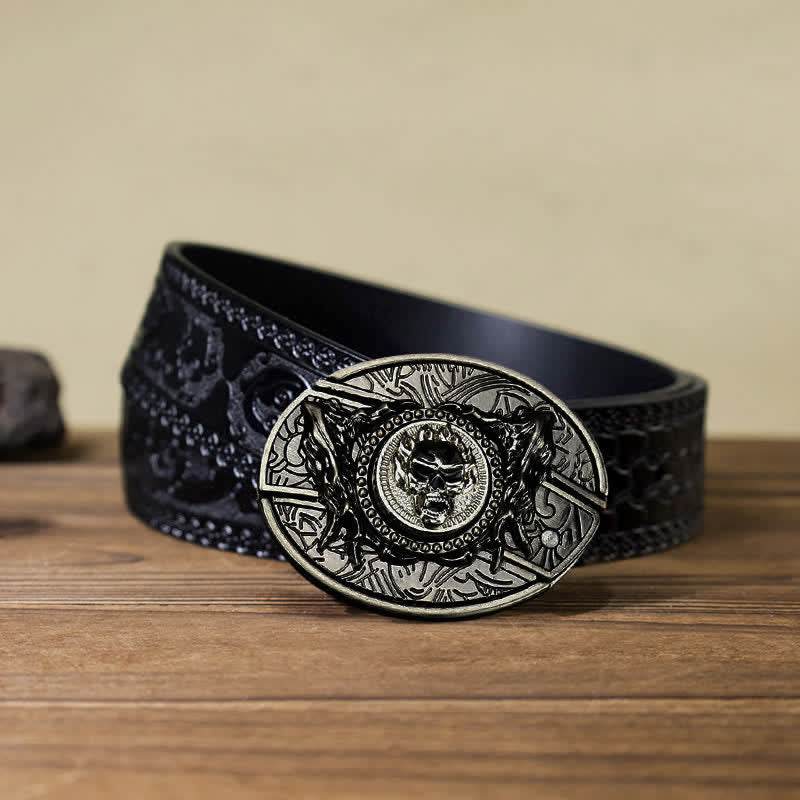 DIY-Ledergürtel für Herren mit drehbarem Totenkopf und verstecktem Klappmesser