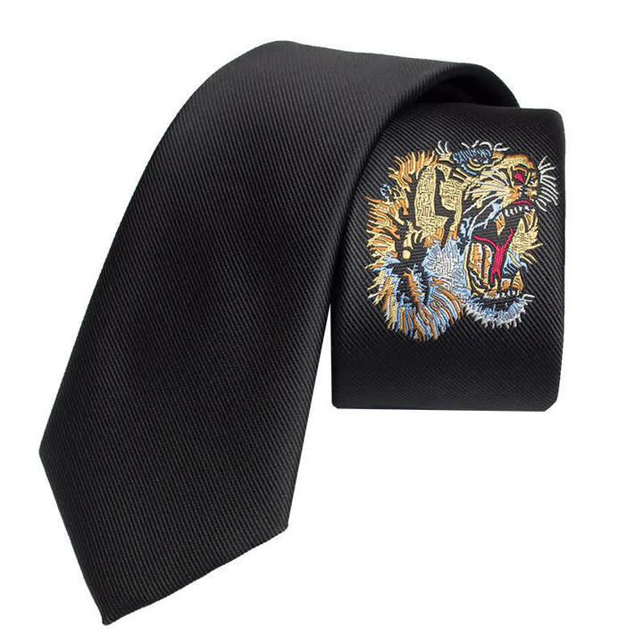 Schwarze Herren Krawatte mit gesticktem Tiger