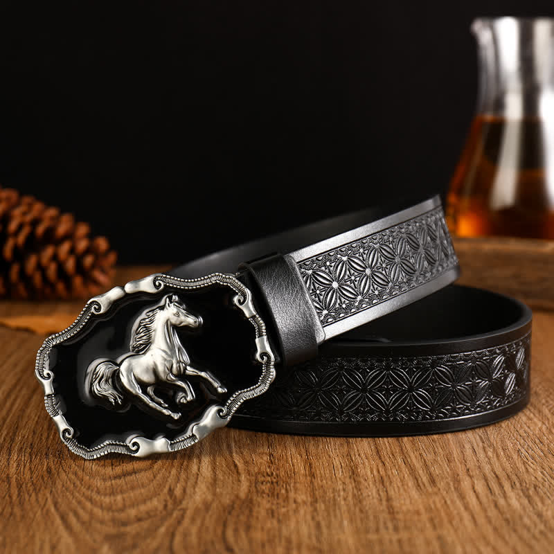Schwarzer Leder-Gürtel für Herren mit silbernem Pferdemotiv - Stil #2 - 42 - image 3