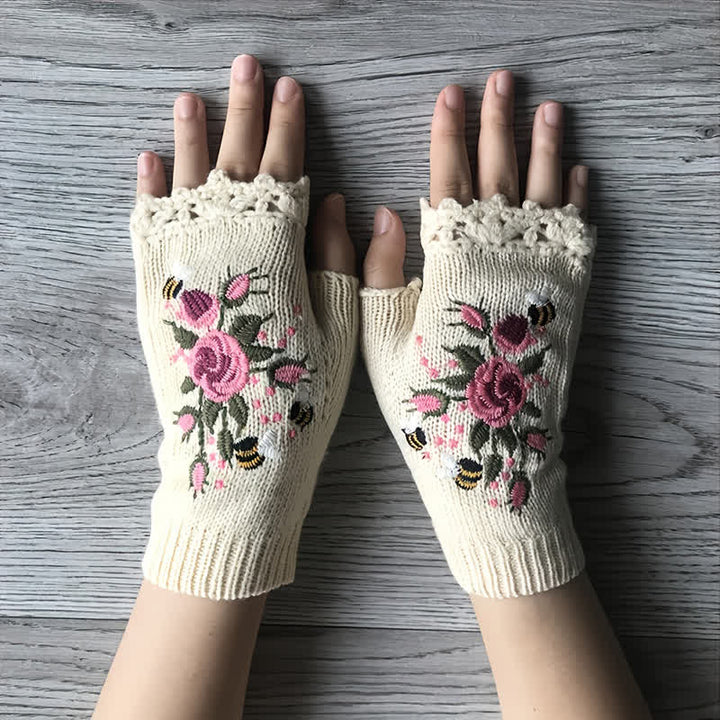 Damen Halbfinger-Strickhandschuhe mit Blumenstickerei