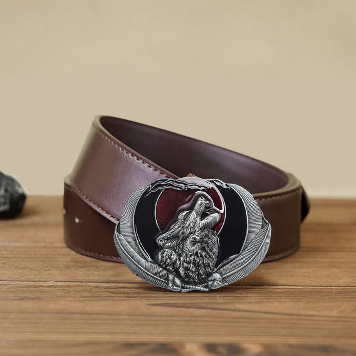 Herren DIY Heulender Wolf Mond Oval Schnalle Ledergürtel