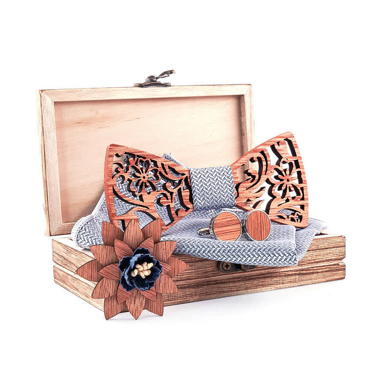 4-teiliges Herren-Set mit hohlen, floralen Holzfliegen