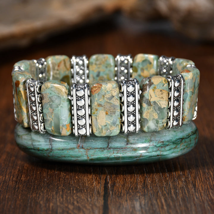 Vintage Boho Rechteckiges Kaiserstein-Armband in Silberoptik mit Stretch-Einsatz - Grau - image 6