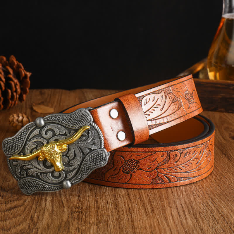 Herren quadratischer Gürtel aus goldenem Longhorn-Bullenleder