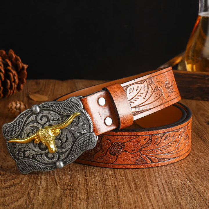 Herren quadratischer Gürtel aus goldenem Longhorn-Bullenleder