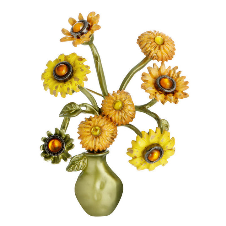 Frauen Emaille Sonnenblumen Vase Brosche