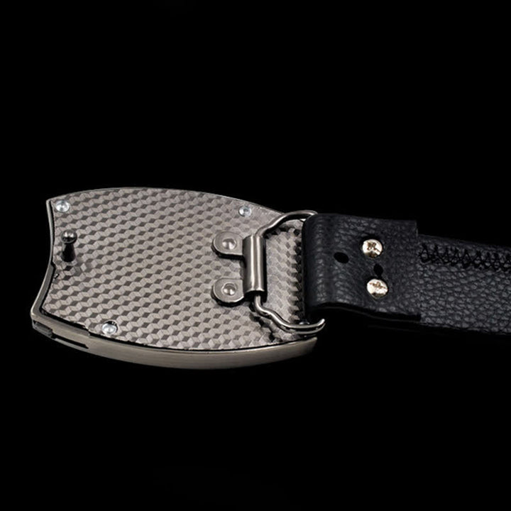 Goldfarbener Wolfskopf-Ledergürtel für Herren mit Klappmesser