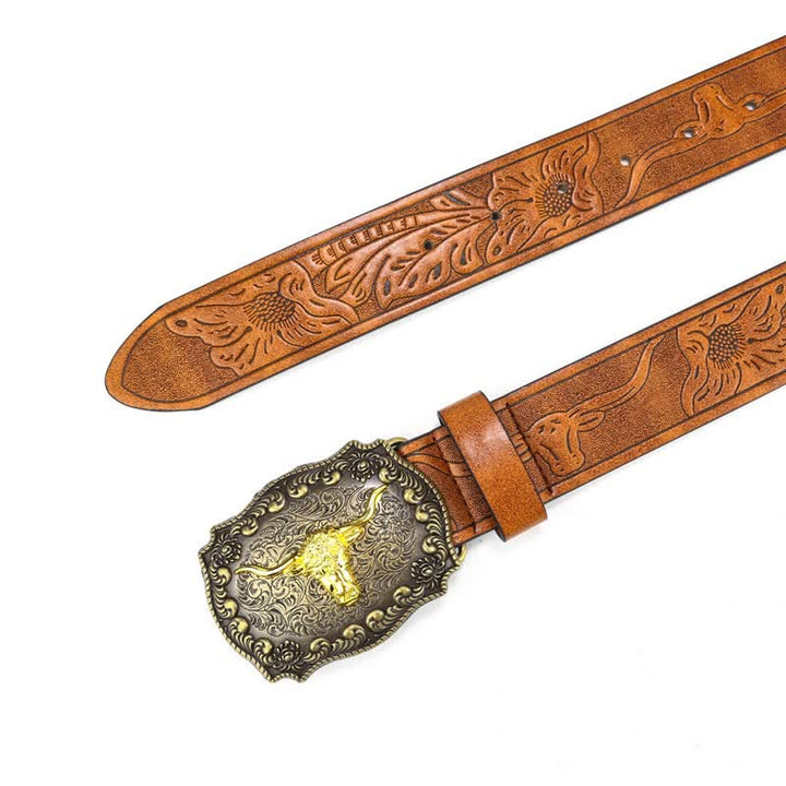 Quadratischer Herren-Ledergürtel mit gravierter Bullenblume
