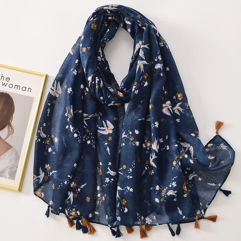 Dünner, hübscher Schal mit Schmetterlings- und Blumenmuster und Quasten für Frauen