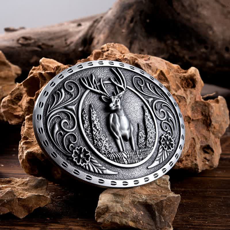 DIY Herren Gürtel mit ovaler Schnalle und Waldhirsch Motiv - Antik Silber - Ohne Gürtel - image 0