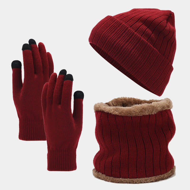 3er-Set Unisex Verdicktes Twill-Strickmütze-Schal-Handschuhe