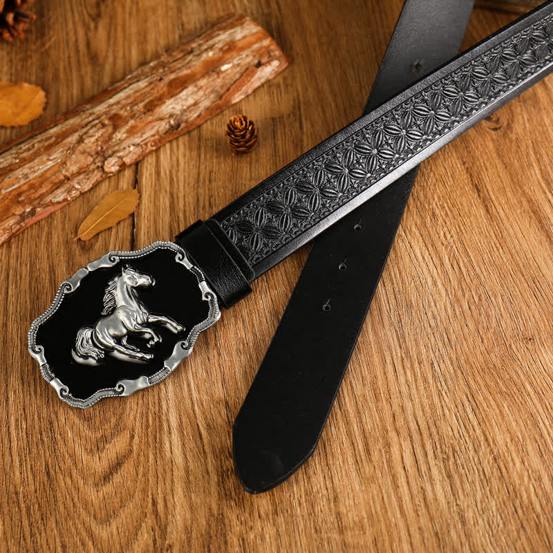 Schwarzer Leder-Gürtel für Herren mit silbernem Pferdemotiv - image 4