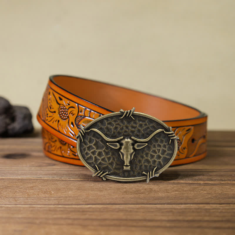 Herren DIY Cowboy Bullenkopf gehämmerte Schnalle Ledergürtel