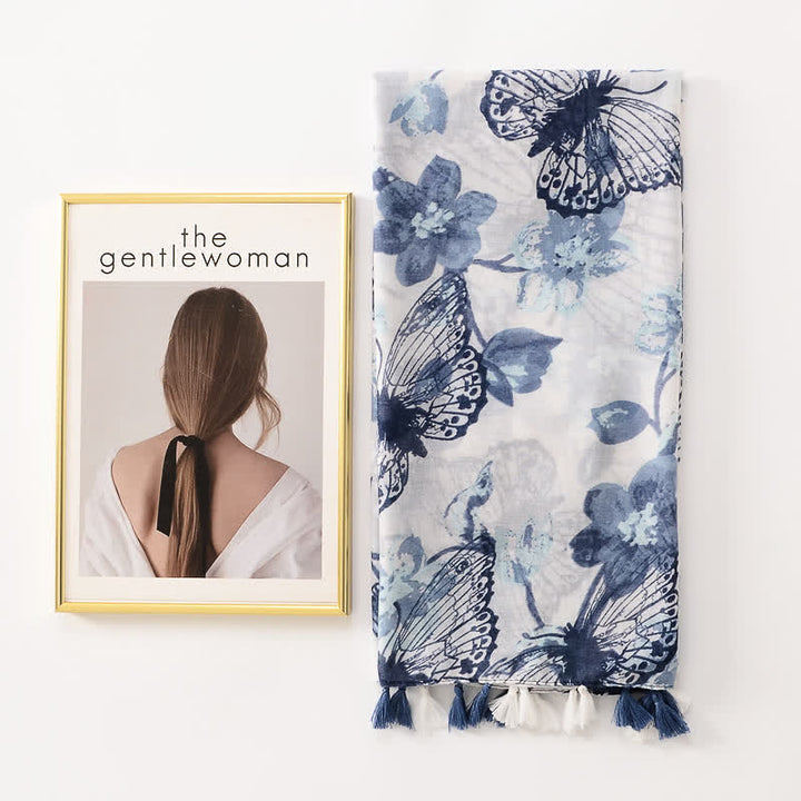 Dünner, hübscher Schal mit Schmetterlings- und Blumenmuster und Quasten für Frauen