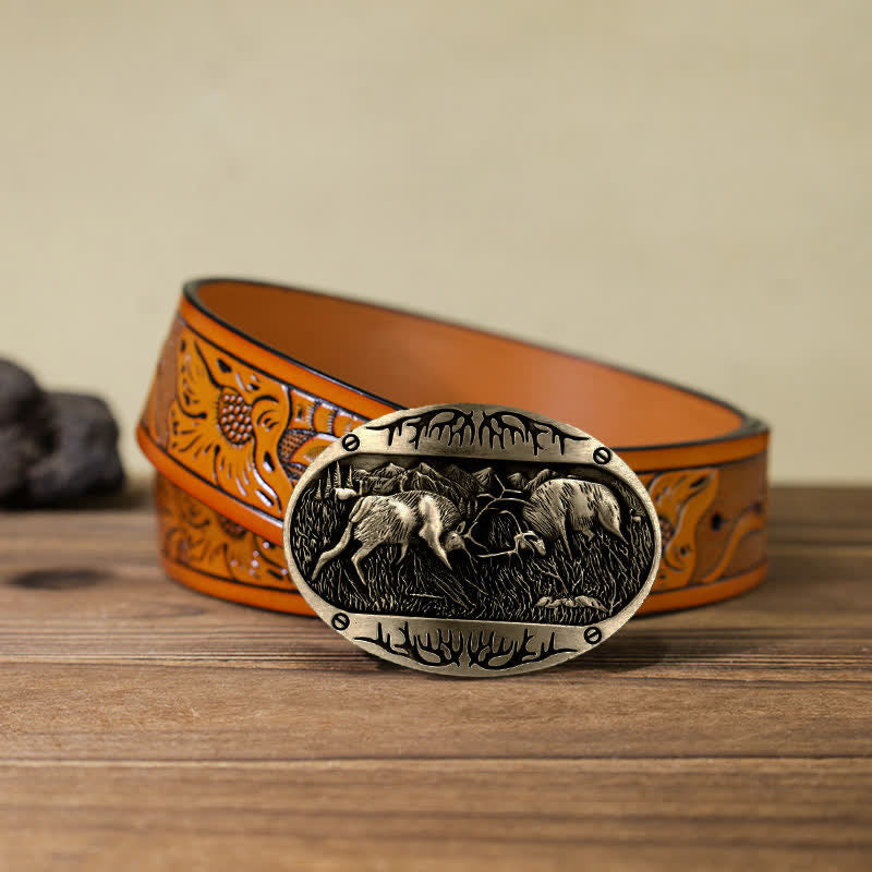 Herren DIY Wild Fighting Deer Schnalle Western Leder Gürtel