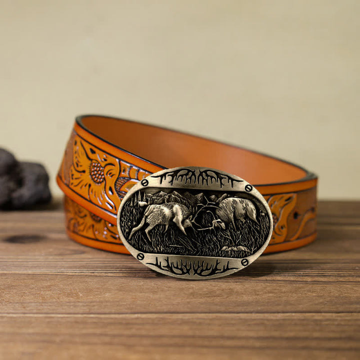 Herren DIY Wild Fighting Deer Schnalle Western Leder Gürtel
