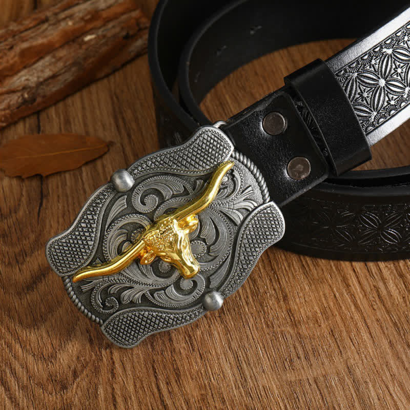 Herren quadratischer Gürtel aus goldenem Longhorn-Bullenleder