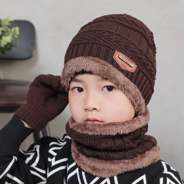 3-teiliges Set Erwachsene-Kinder Beanies gestrickte Mütze Schal Handschuhe