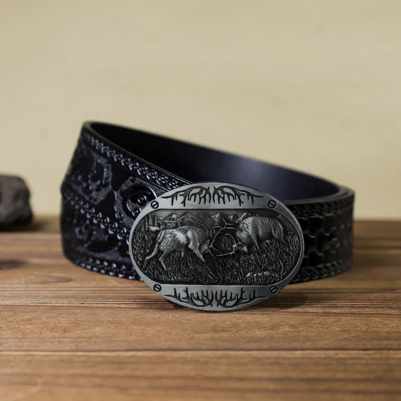 Herren DIY Wild Fighting Deer Schnalle Western Leder Gürtel