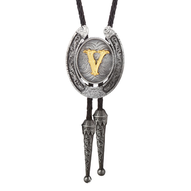Moderne Western-Hufeisen Anfänglicher Buchstabe A bis Z Bolo Tie - Silber - V - image 51