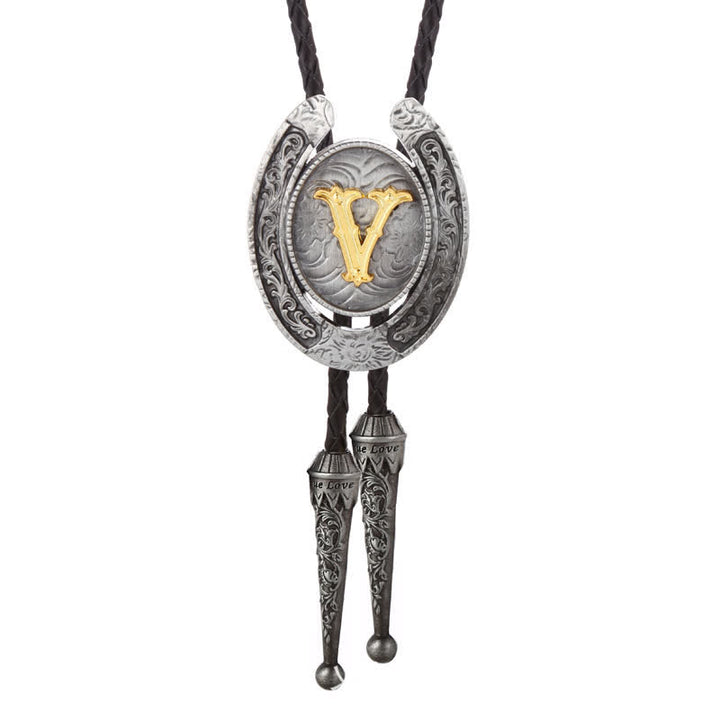Moderne Western-Hufeisen Anfänglicher Buchstabe A bis Z Bolo Tie - Silber - V - image 51