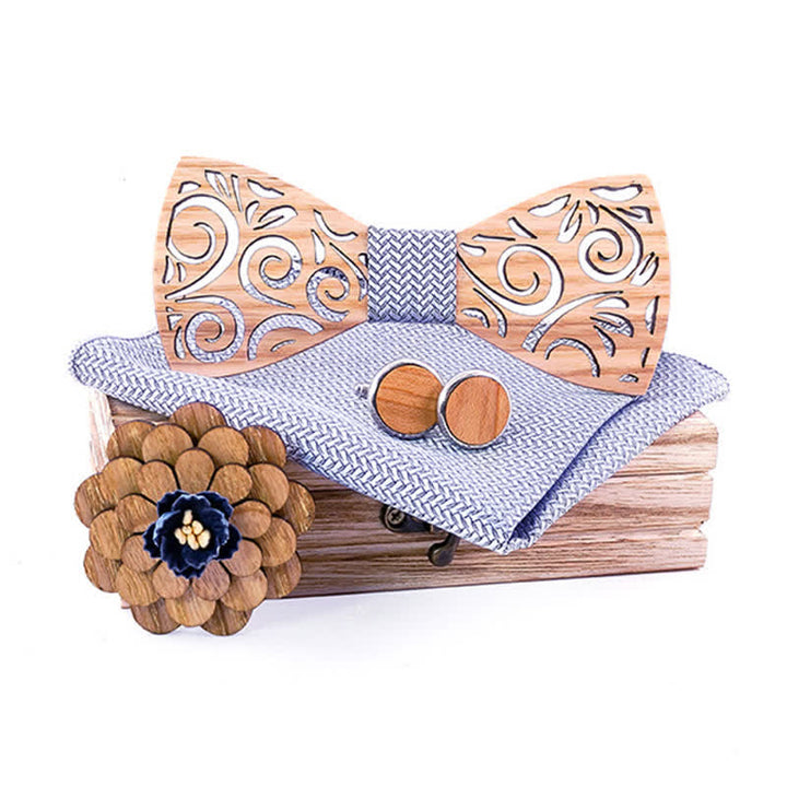 4er Set Herren Holzkrawatte im hohlen Blattdesign