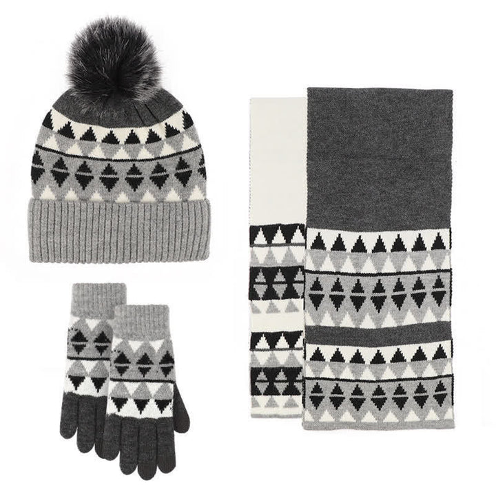 3-teiliges Damen-Set mit Mütze, Schal und Handschuhen im Dreiecksmuster