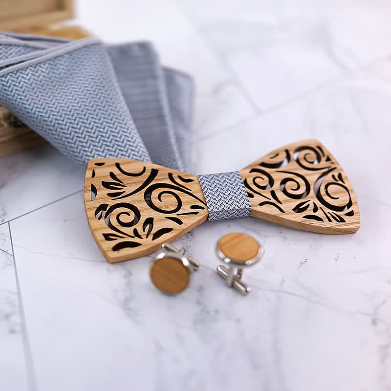 4er Set Herren Holzkrawatte im hohlen Blattdesign
