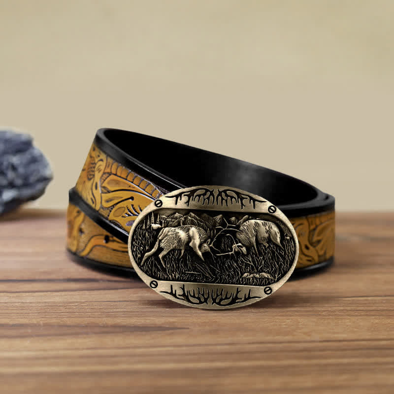 Herren DIY Wild Fighting Deer Schnalle Western Leder Gürtel