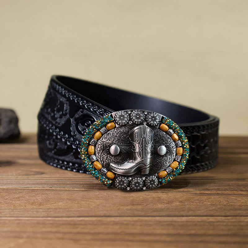 Herren-DIY-Holzperlen-Strass-Stiefelschnallenledergürtel