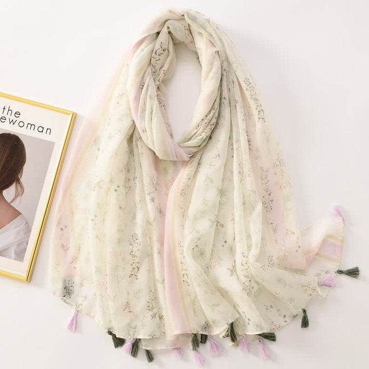 Dünner, hübscher Schal mit Schmetterlings- und Blumenmuster und Quasten für Frauen
