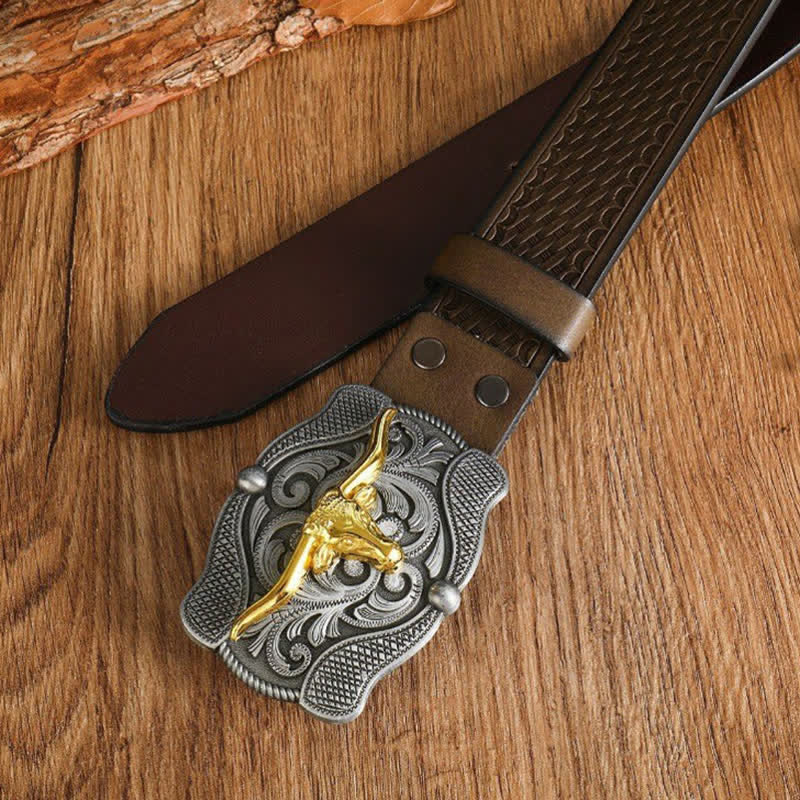 Herren quadratischer Gürtel aus goldenem Longhorn-Bullenleder
