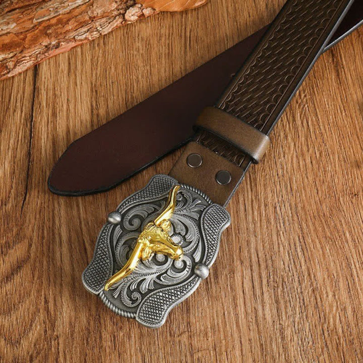 Herren quadratischer Gürtel aus goldenem Longhorn-Bullenleder