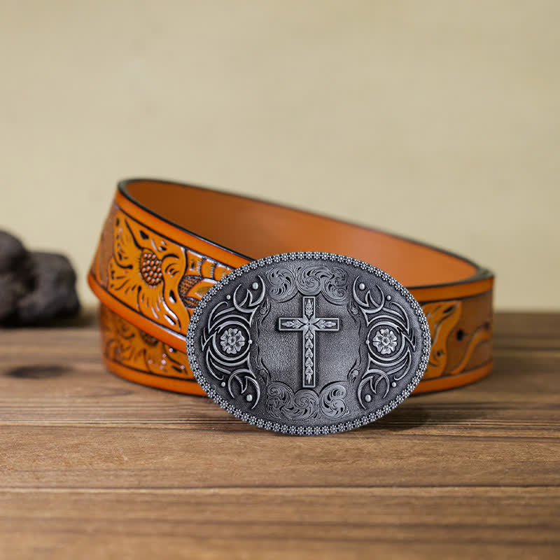 DIY Glaubenskreuz Blümchen Schnalle Ledergürtel für Herren