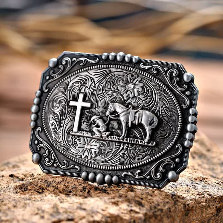Herren DIY Pferd Kreuz Kniende Gebetsschnalle Ledergürtel
