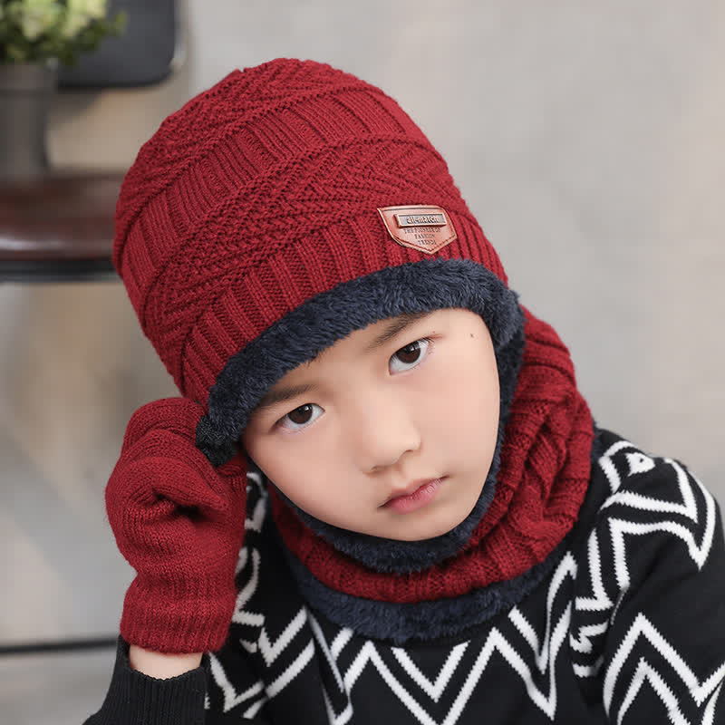 3-teiliges Set Erwachsene-Kinder Beanies gestrickte Mütze Schal Handschuhe