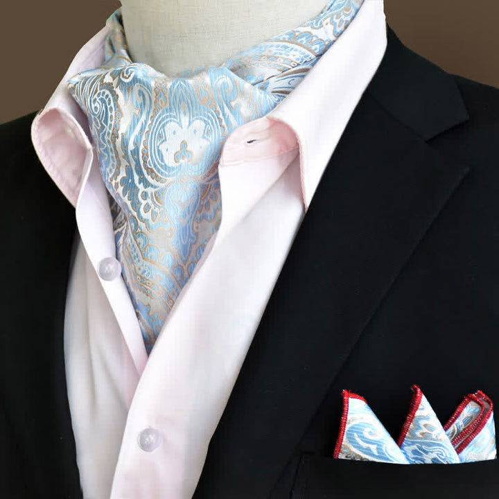 2er-Set himmelblaues luxuriöses florales Paisley-Einstecktuch und Krawatten-Set