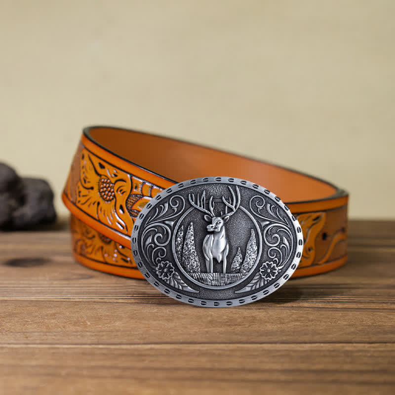 DIY Herren Gürtel mit ovaler Schnalle und Waldhirsch Motiv - Antik Silber - Orangefarbener geschnitzter Gürtel (40) - image 23