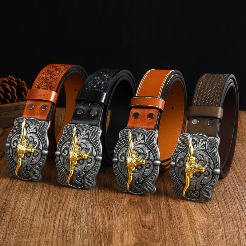 Herren quadratischer Gürtel aus goldenem Longhorn-Bullenleder
