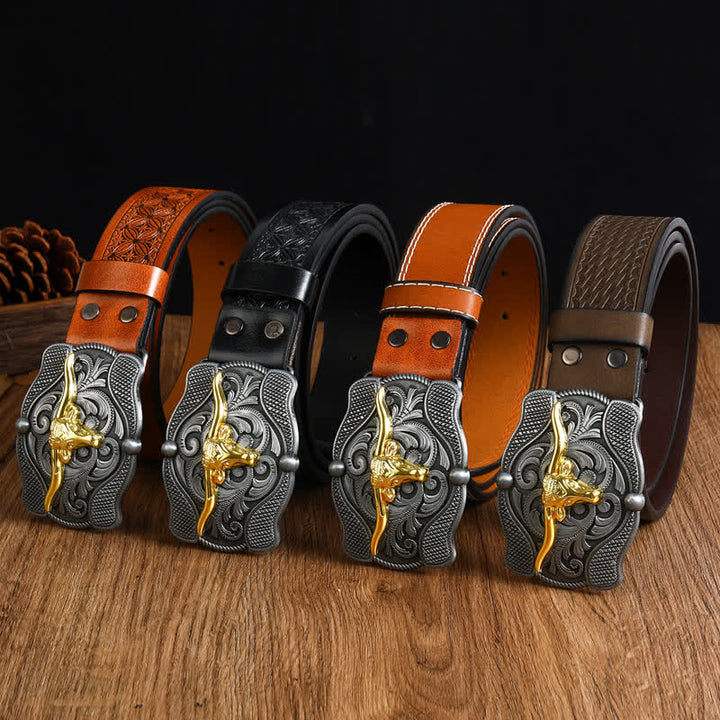 Herren quadratischer Gürtel aus goldenem Longhorn-Bullenleder