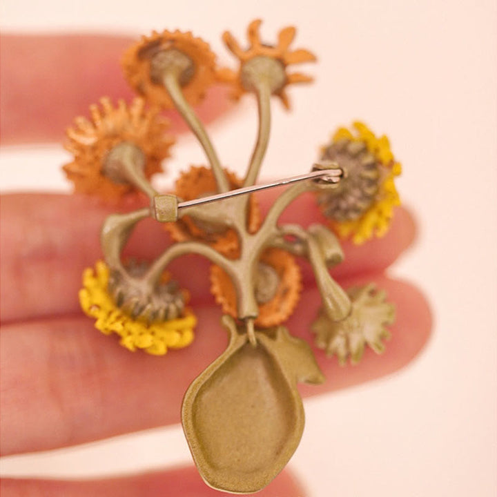 Frauen Emaille Sonnenblumen Vase Brosche