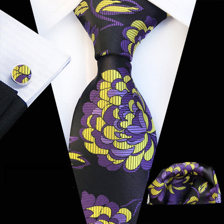 3-tlg. Männer Krawatten Set mit prächtigen Pfingstrosen-Blumenmuster