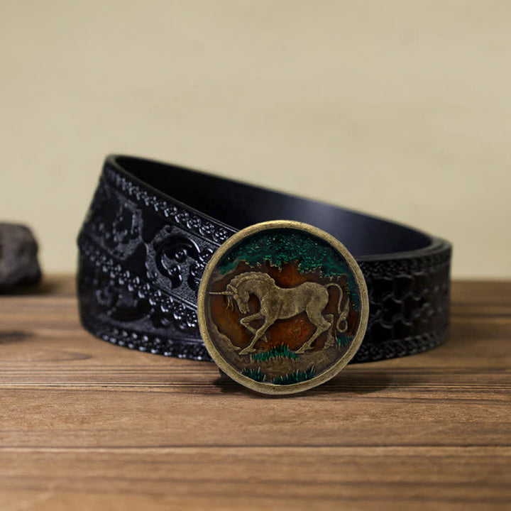 Herren DIY Mystical Unicorn Gürtel aus Leder mit antiker bronzener Schnalle