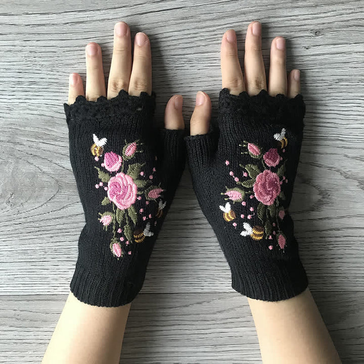 Damen Halbfinger-Strickhandschuhe mit Blumenstickerei