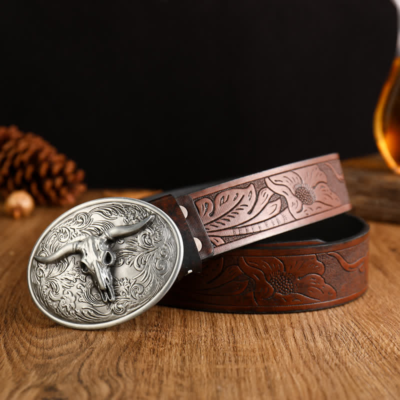 Vintage Herren Gürtel aus Leder mit floraler Longhorn-Stier-Prägung