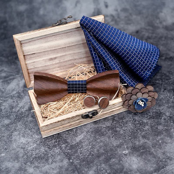 4er Set Herren Schwarz Walnuss Holz Fliege Set