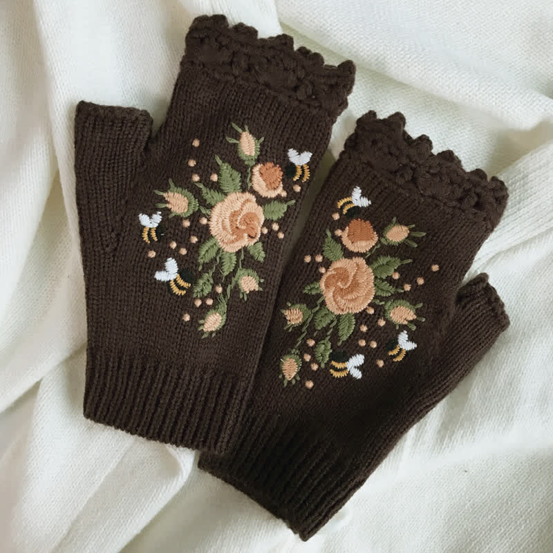 Damen Halbfinger-Strickhandschuhe mit Blumenstickerei
