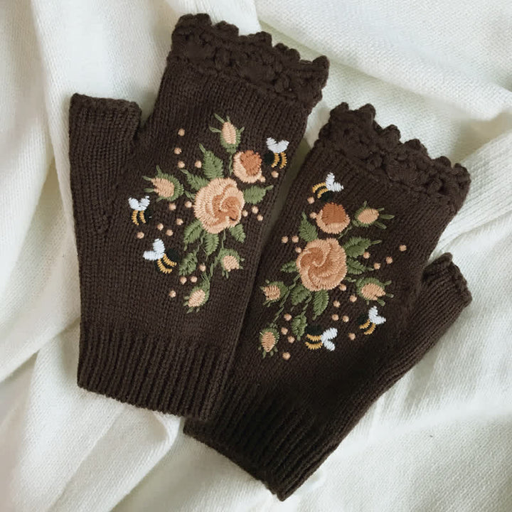 Damen Halbfinger-Strickhandschuhe mit Blumenstickerei