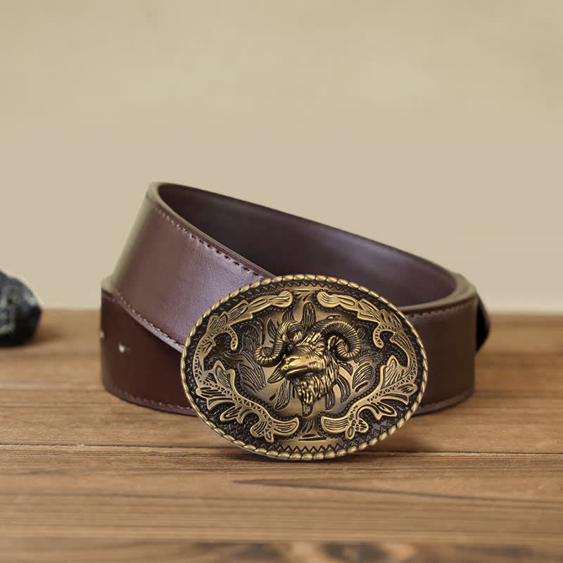 Herren DIY bronzene Wildziegenkopf-Schnalle Ledergürtel